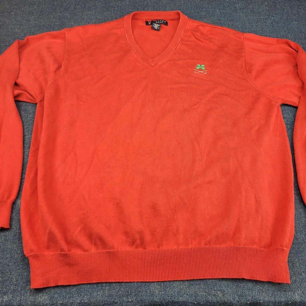 Oxford Golf Mens V-Neck Sweater Red 100% Pima Cotton Clover Logo Size Large